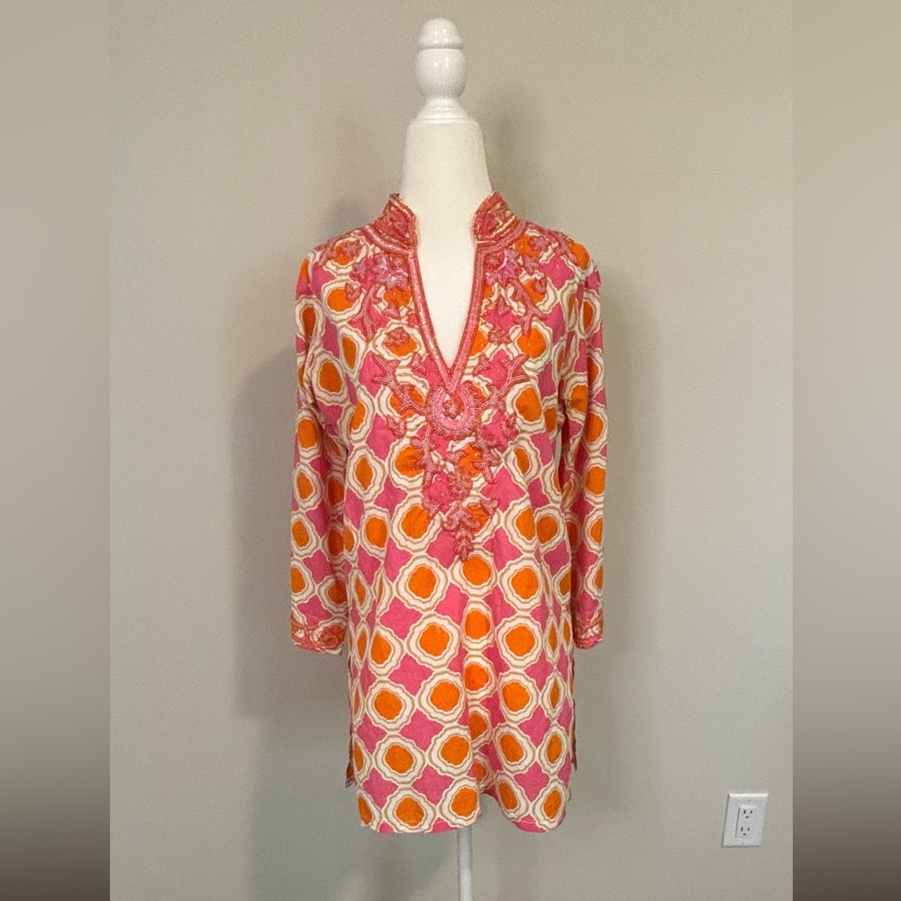 Graphic Orange and Pink Tunic with Mandarin Collar